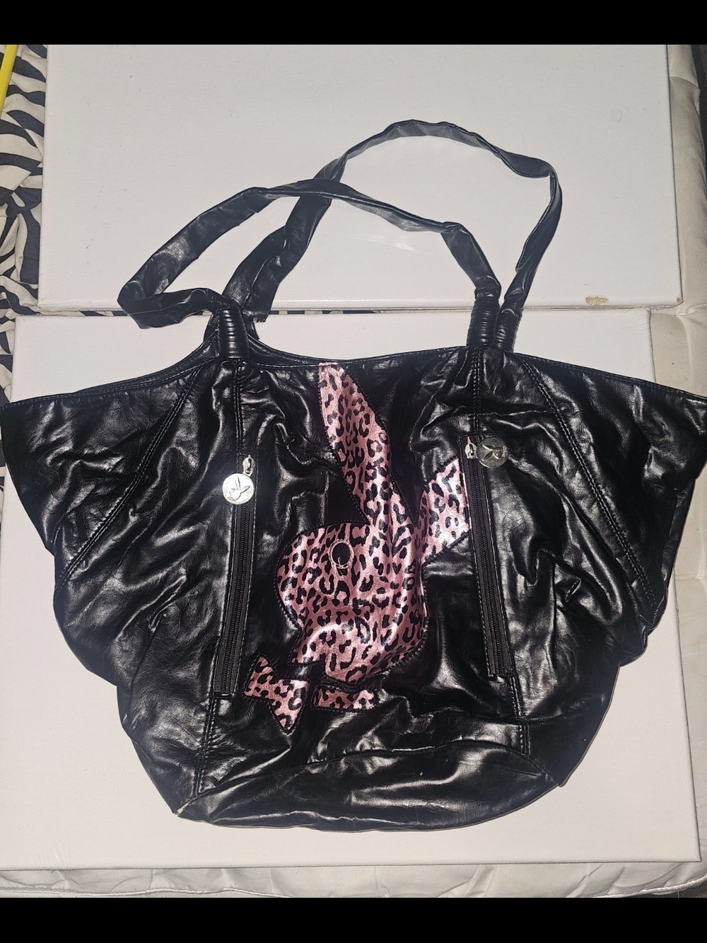 PLAYBOY Black Shoulder Tote with Pink Leopard Accent - Picture 2 of 16